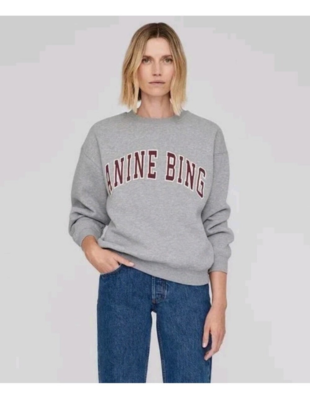 Anine Bing Crew Neck Sweatshirt Grey Size Extra Small Classic Iconic Logo